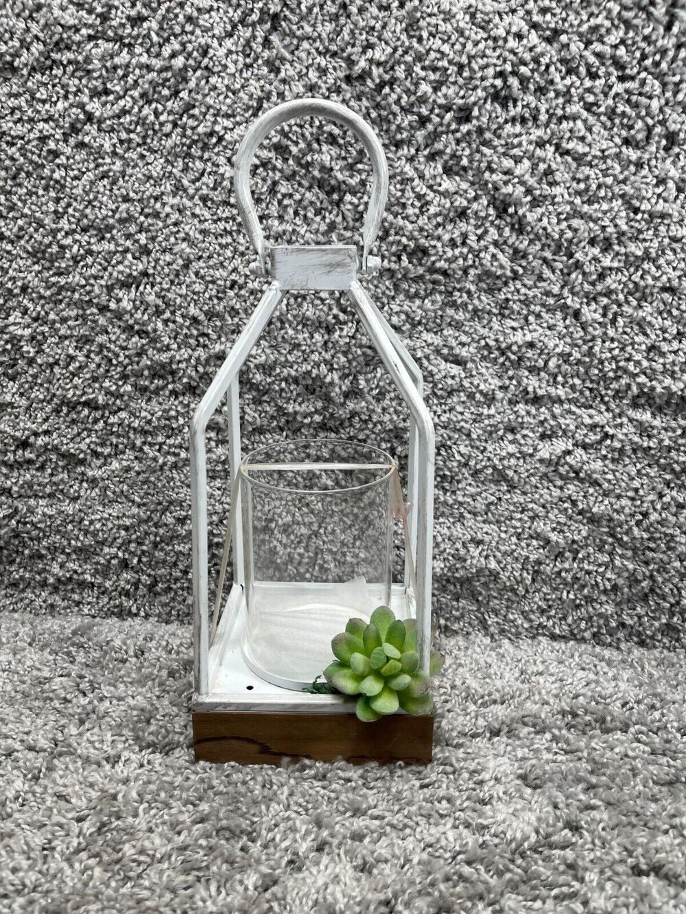 White Carriage Lantern Clear Cylinder Glass Center Candle Holder 14.5"X5.25"